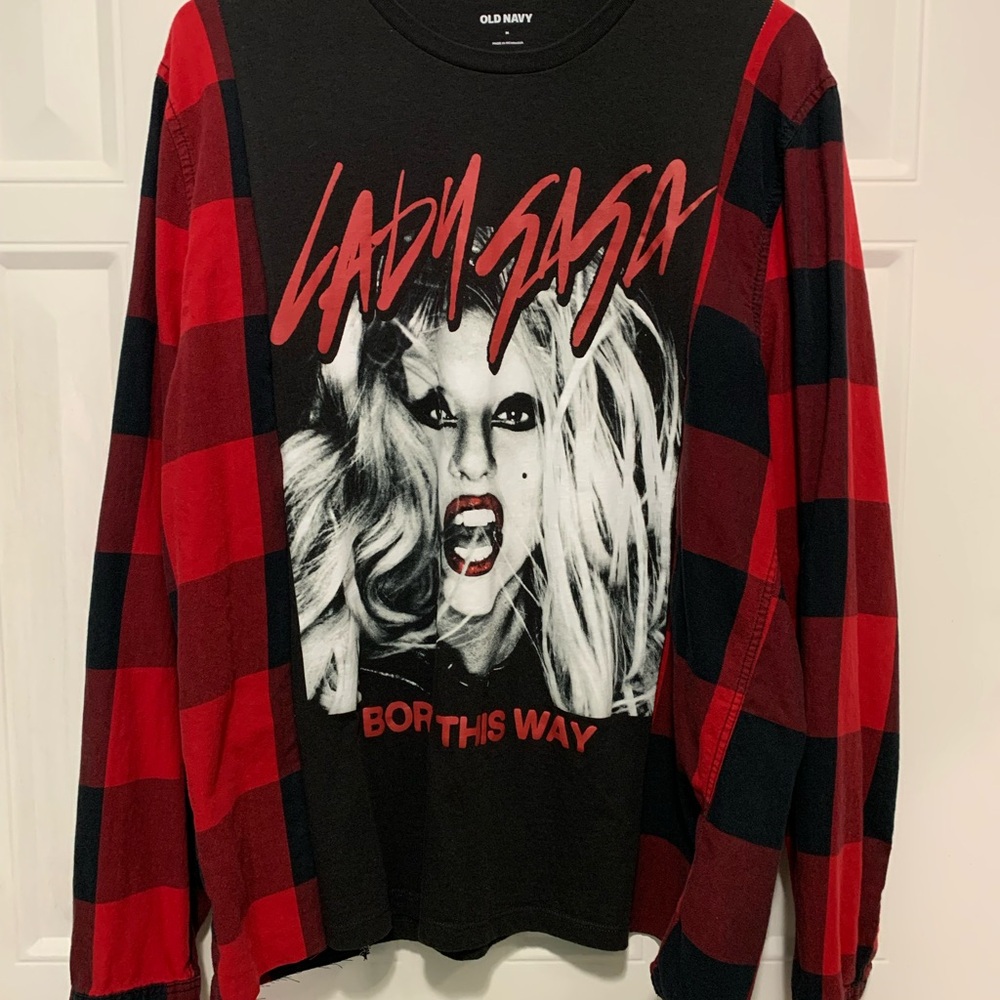 Upcycled Lady Gaga shirt & flannel sleeves